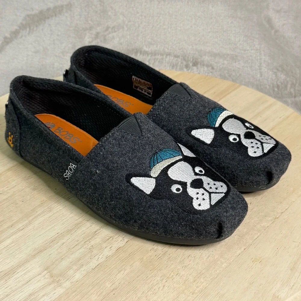 Skechers BOBS for Dogs Frenchie Boston Terrier Gray Felt Flats 34407 Womens‎ 8